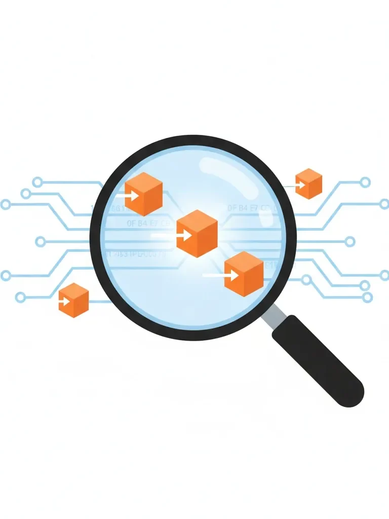 Datenanalyse Lupe über digitalen Datenpaketen symbolisiert technische Datenanalyse von DataAktiv.